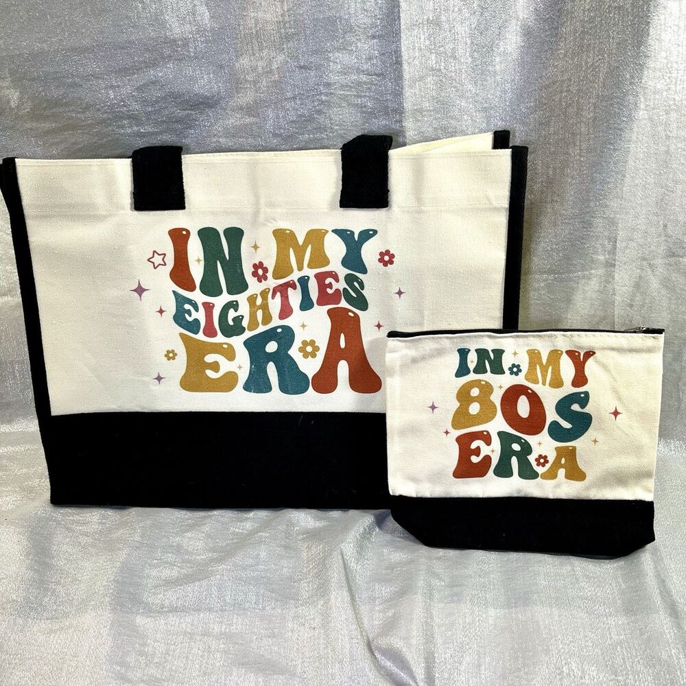 "IN MY 80s ERA" - Canvas Travel Tote Book Bag with Make up Bag Insert *SO CUTE*